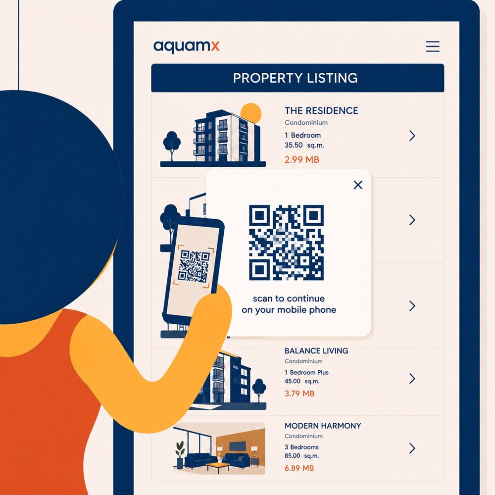 คนเมืองสแกน QR บนจอ aquamx เพื่อรับโปรและติดต่อแบรนด์ต่อบนมือถือ